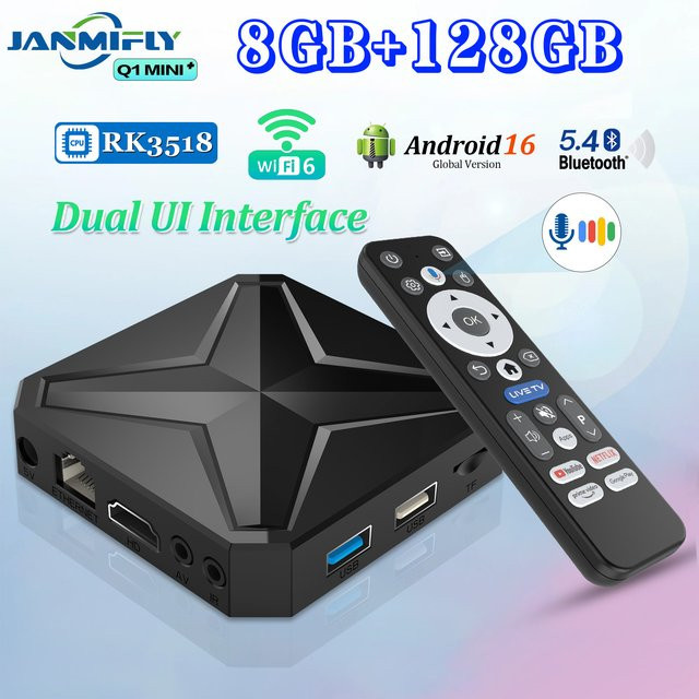 MORTAL Smart TV Box Q1 MINI+ Streaming Media Player in Schwarz mit 8GB RAM, 128GB Speicher, 8K Ultra HD, Dual UI Interface, Bluetooth 5.4 und Dual WLAN 2.4G & 5.8G - Bild 1