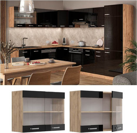Vicco R-Line Glashängeschrank für die Küche in Schwarz und Eiche mit Glastüren, B/H/T: 80 x 60 x 31 cm