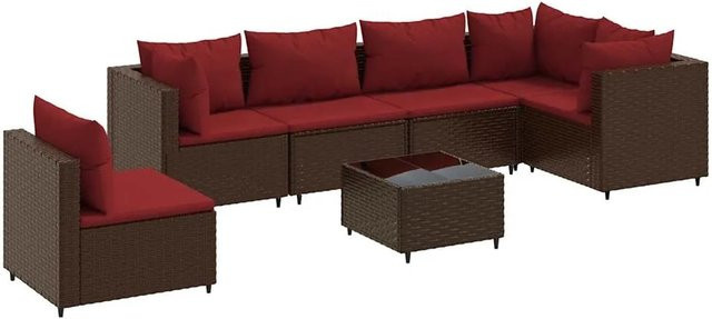 vidaXL 7-teiliges Garten-Lounge-Set in L-Form mit Kissen, Braun und Rot, Poly-Rattan mit Metallgestell für Garten und Terrasse - Bild 1