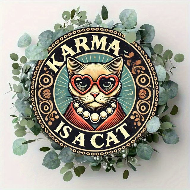 Potdemiel Vintage Eisen-Wandkunst Karma Is A Cat Rundes Metallschild Multicolour Durchmesser: 20,0 cm - Bild 1