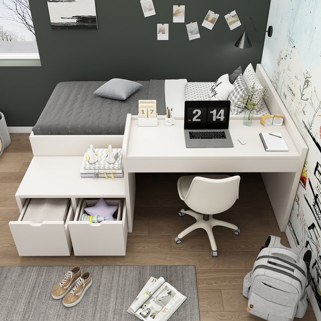 KOMHTOM Kinderbett Einzelbett mit Schreibtisch und Schubladen, Weiß, B/T/H: 90 x 200 cm - Bild 1