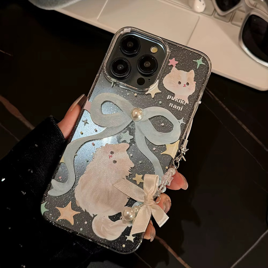 Potdemiel Handyhülle mit 3D-Perlen und Cartoon-Katze in Glitzer-Optik für iPhone 17 Air 16 15 14 Plus 13 12 11 Pro Max inklusive Kette, stoßfeste weiche Hülle, transparent - Bild 3