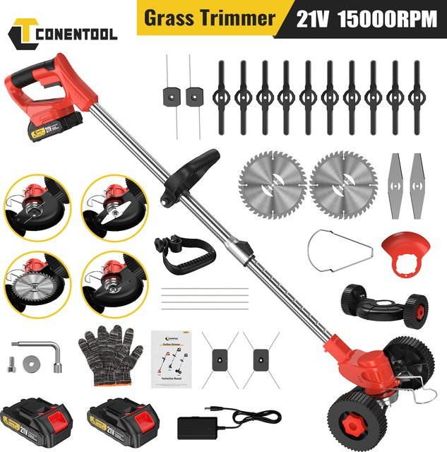 CONENTOOL Kabelloser Elektrischer Rasentrimmer mit Rad und Längenverstellung für Makita LXT 18V Akku in Grün und Rot - Bild 1