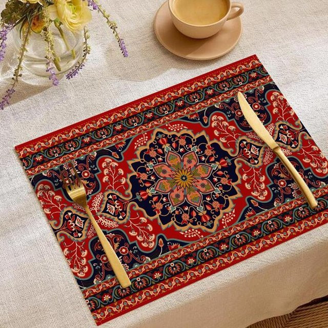 Lodestar 4-teiliges Platzset aus Leinen mit Blumenmuster und geometrischem Design in Rot, Blau und Gold, B/H: 32 x 42 cm - Bild 1