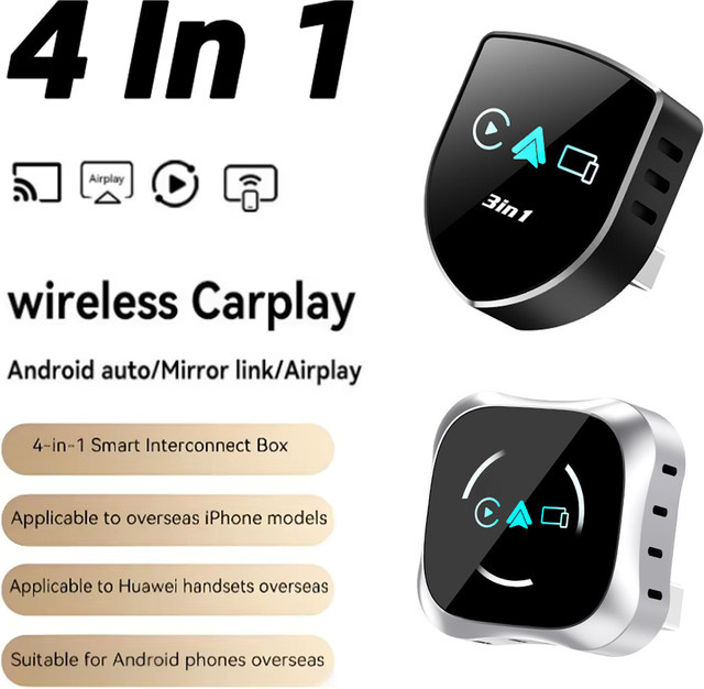 4-in-1 Wireless CarPlay und Android Auto Adapter mit AirPlay und Mirror Link, Bluetooth Verbindung für Volvo, Benz, MG und Kia, Schwarz - Bild 1