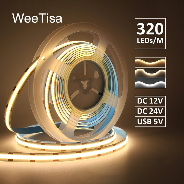 WeeTisa COB LED Streifen Warm White mit 320 LEDs/m, dimmbar, 5V 12V 24V - Bild 1