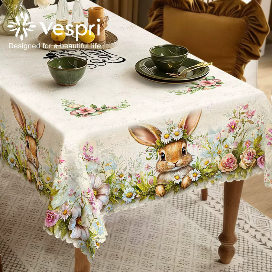 Vespri Oster-Tischdecke mit Hasen-, Blumen- und Blättermuster im Country-House-Stil für Partys und Feste - Bild 3