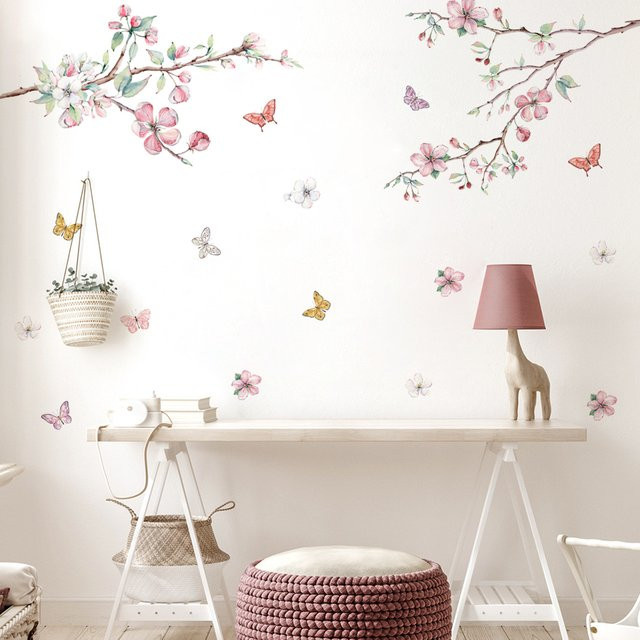 Kingsmile Wandtattoos mit rosa blühenden Blumen, Baumzweigen und Schmetterlingen im Aquarell-Design für Kinderzimmer, Schlafzimmer und Wohnzimmer, Mehrfarbig - Bild 1