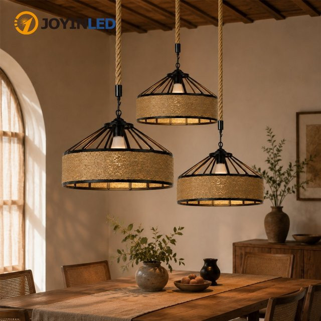 JOYINLED Vintage Hanfseil-Pendelleuchte in Schwarz mit E27-Fassung, industrielle rustikale Hängelampe aus Holz und Metall für Esszimmer und Küche, Durchmesser: 40 cm - Bild 1