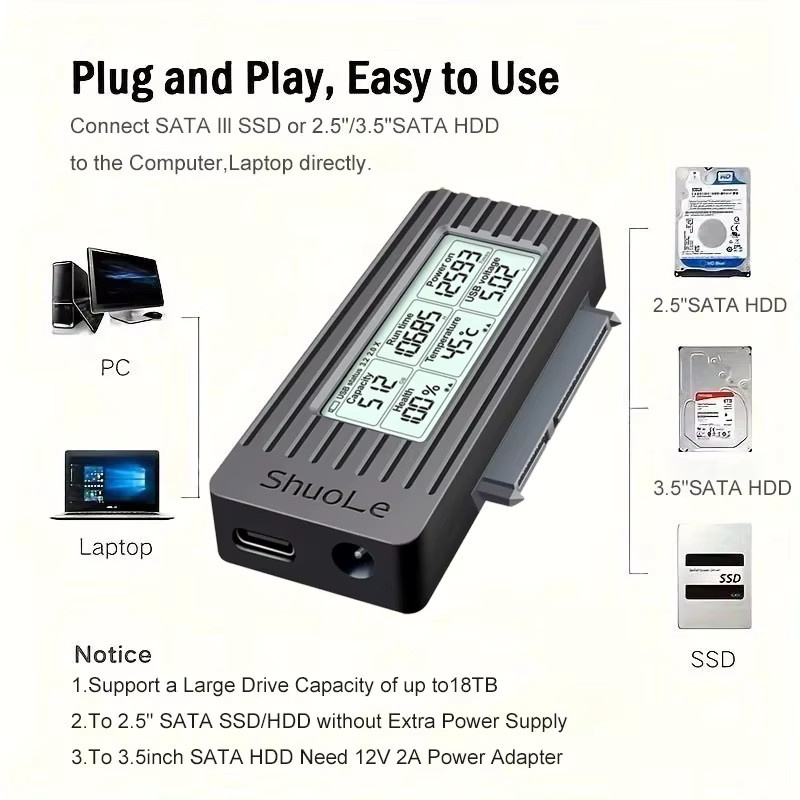 KEBIDUMEI USB zu SATA Adapter mit Digitalanzeige, USB 3.2 3.0 zu SATA III Konverter für 2,5 und 3,5 Zoll SSD HDD Festplatten, Schwarz - Bild 5