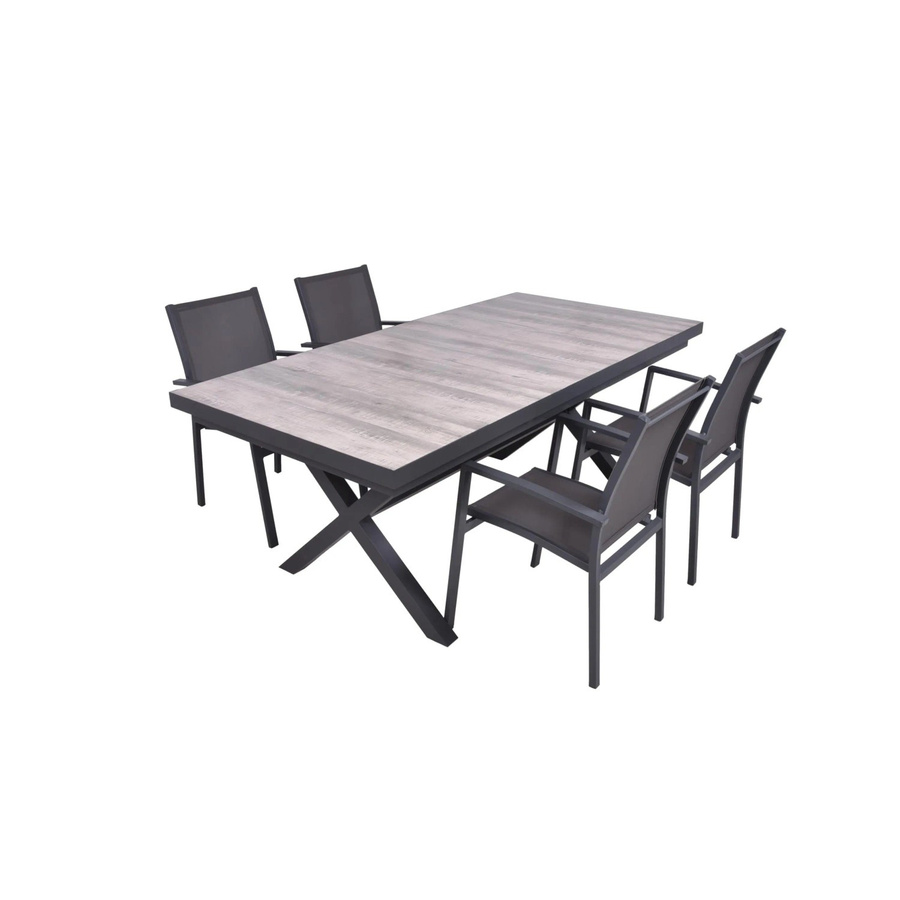 DELUKE Garten-Sitzgruppe JANA 5-teiliges Gartenmöbel-Set aus Aluminium und Keramik in Eiche-Optik Grau mit Esstisch und Stapelstühlen - Bild 2