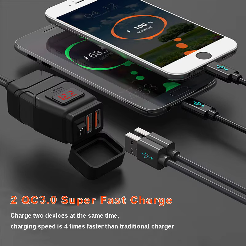 Anchtek Motorrad USB Ladegerät QC3.0 mit Voltmeter und USB-C Anschluss, Wasserdichte 12V Steckdose Adapter in Schwarz - Bild 2