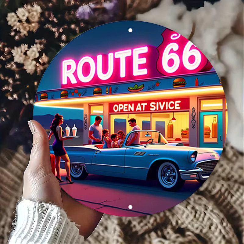 Route 66 Vintage Neonschild von Potdemiel – Runde Wandkunst aus Aluminium mit klassischer Auto- und Dinner-Szene im Retro-Design - Bild 4