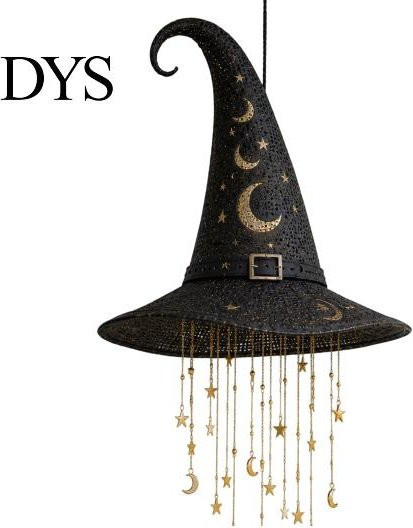 ZODANY Hängender Hexenhut mit LED-Leuchte in Schwarz als Halloween-Dekoration mit Sternen und Mond für Innen und Außen - Bild 1