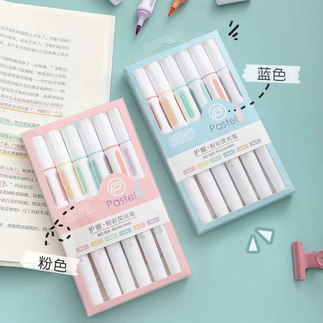 Pastellfarbenes Textmarker-Set mit 6 fluoreszierenden Farben, japanisches Kawaii Brush-Marker-Set in Mehrfarbig - Bild 1