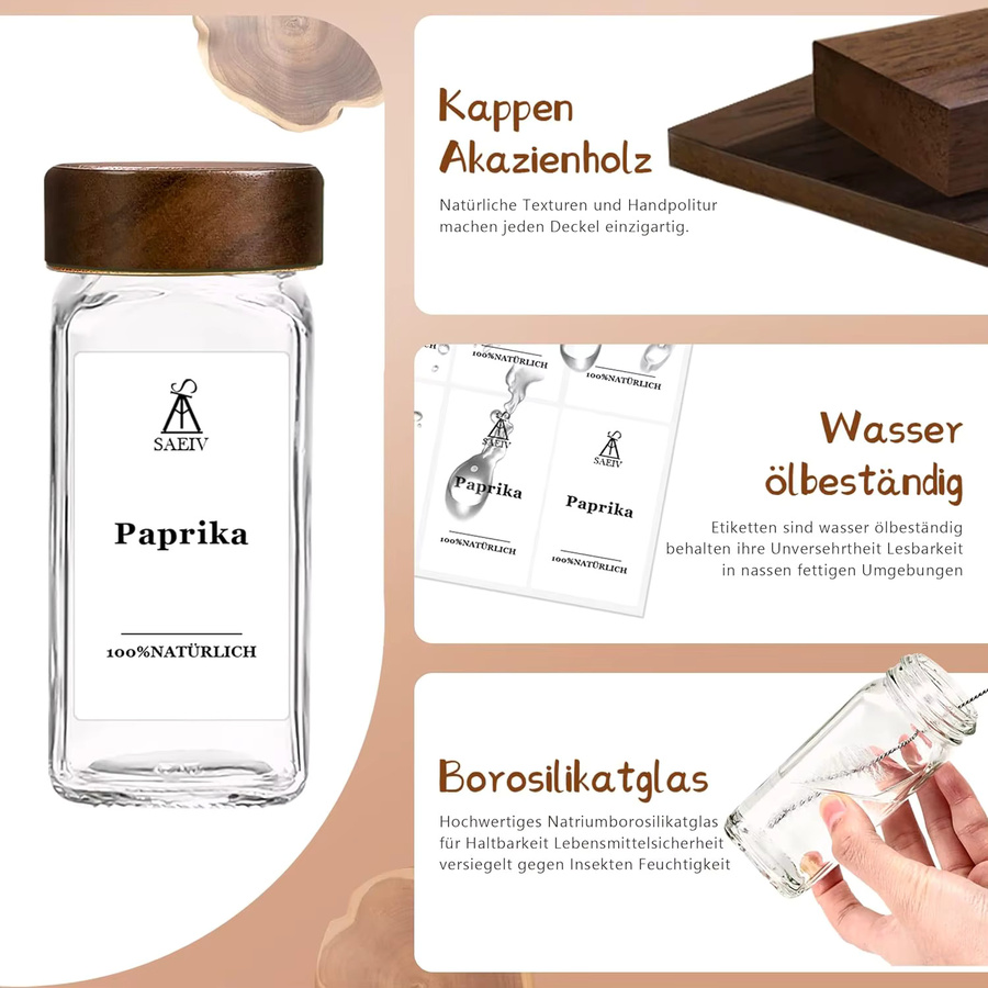 SIAZIH Gewürzgläser mit Deckel aus Akazienholz und Gewürzetiketten, transparente Glasbehälter mit Schraubverschluss, 120 ml - Bild 3