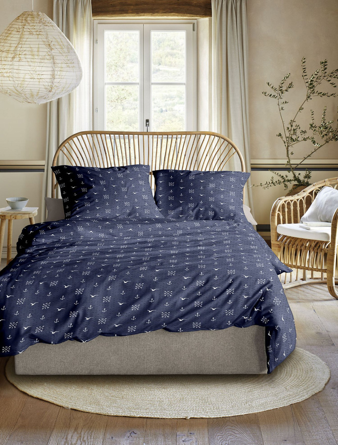 Möve Irisette Easy Soft-Seersucker Bettwäsche mit Kissenbezug in Blau mit maritimem Anker-Design, B/H: 155 x 220 cm und Kissen: 80 x 80 cm - Bild 1