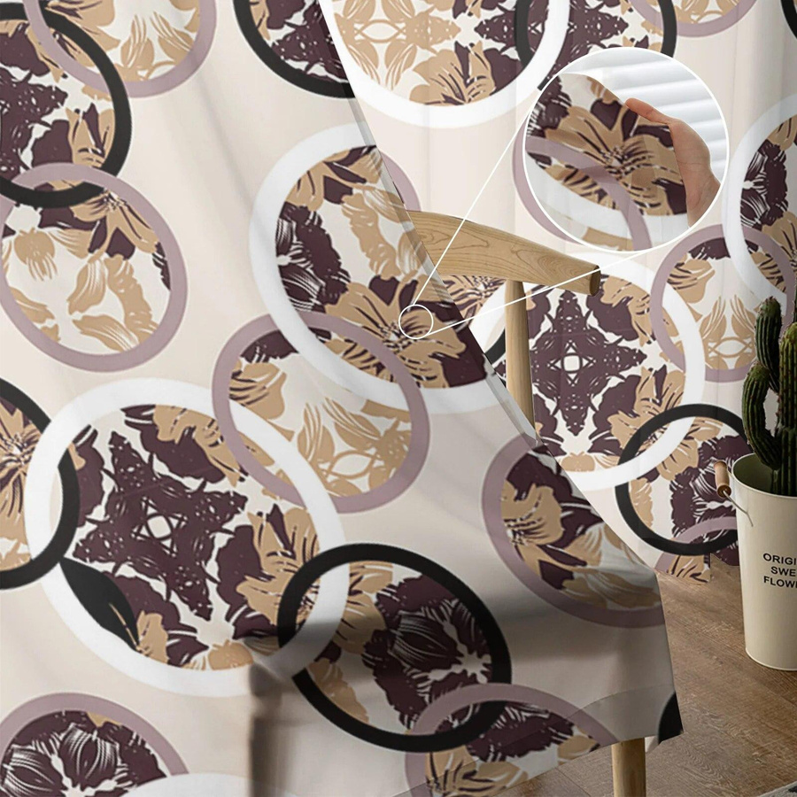 Handbemalte Khaki-Gardinen mit kreisförmigen Blättern und Blumen aus transparentem Tüll für dein Schlafzimmer, Breite: 135 cm, Höhe: 114 cm - Bild 4