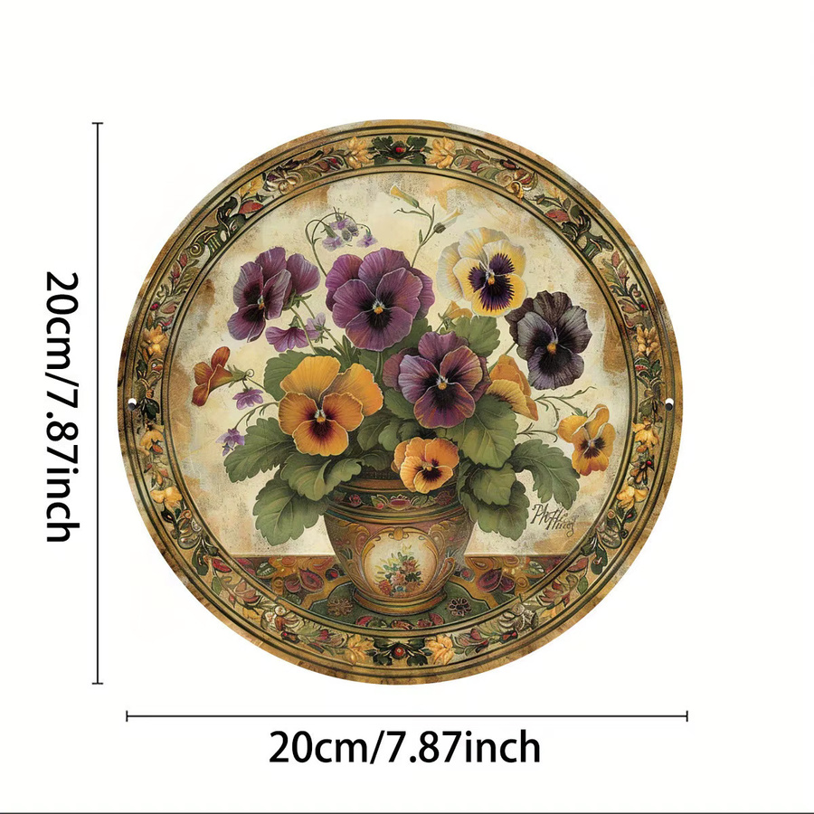 Potdemiel Stiefmütterchen Wandkunst im Vintage-Stil, rundes Metallschild mit floralem Blumenmuster, Mehrfarbig, Durchmesser: 20,3 cm - Bild 2