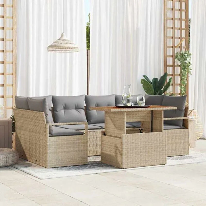 7-teiliges Garten-Sofa-Set von vidaxl aus Polyrattan in Beige und Grau, moderne Loungemöbel mit Akazie und Stahl, B/T/H: 100 x 55 x 73 cm - Bild 1