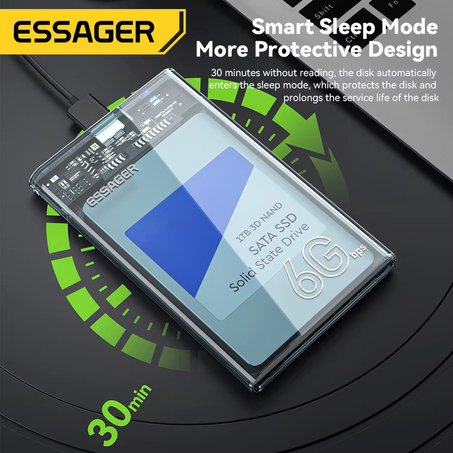 Essager USB 3.0 HDD-Gehäuse für 2,5 Zoll SATA Festplatten und SSD, Mobile Festplattenhülle in Grau und Transparent - Bild 4