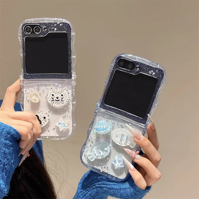Stoßfeste transparente Handyhülle mit 3D Glitter Star Shell Fish Epoxy Design für Samsung Galaxy Z Flip 6, Flip5, Flip4 und Flip3 in Blau - Bild 1