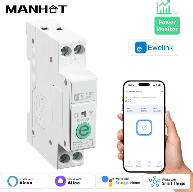 Manhot Ewelink WIFI Smart Circuit Breaker MCB mit Energy Meter zur Strom- und Spannungsüberwachung, 1-63A, Weiß - Bild 1
