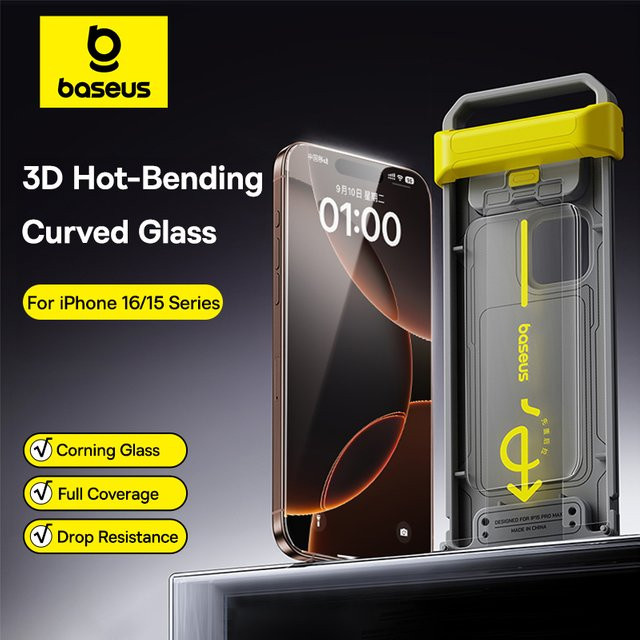 Baseus 3D gebogenes gehärtetes Glas Displayschutz für iPhone 16 15 Pro Max, transparent, bruchsicher mit Corning Technologie - Bild 1