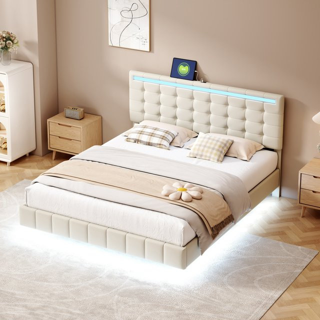 Superaly Polsterbett mit LED-Beleuchtung und verstellbarem Kopfteil in Beige, B/T: 160 x 200 cm - Bild 1
