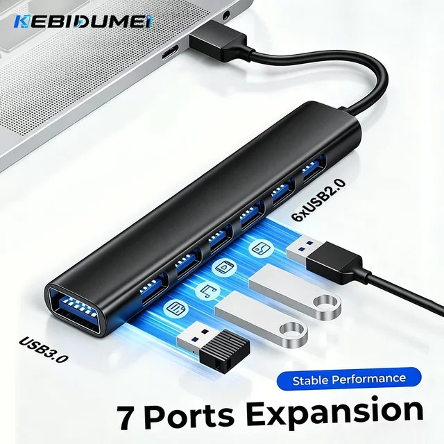 KEBIDUMEI USB-C-Hub mit 7 Anschlüssen, USB 3.0 Multi-Extender mit 5 Gbit/s Hochgeschwindigkeit und OTG-Funktion für PC, Laptop und Macbook Pro - Bild 1