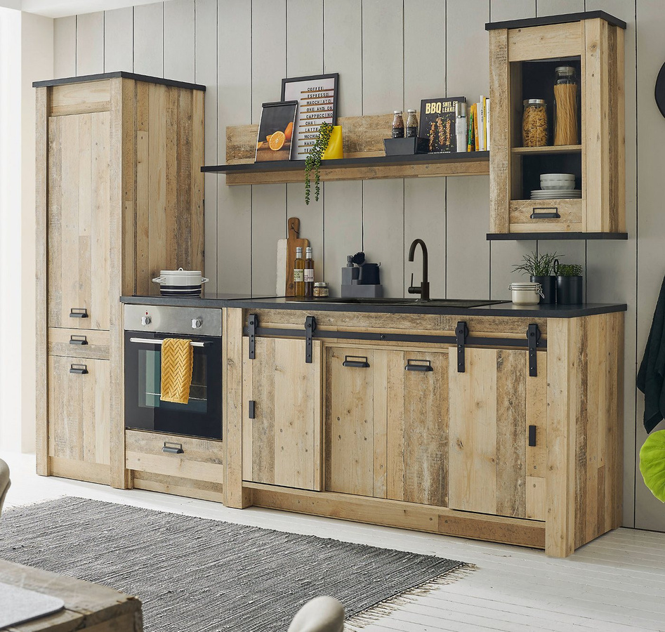 Furn.Design Küchenzeile Stove 5-teiliges Set in Used Wood Altholz mit Schiebetüren und Soft-Close - Bild 1