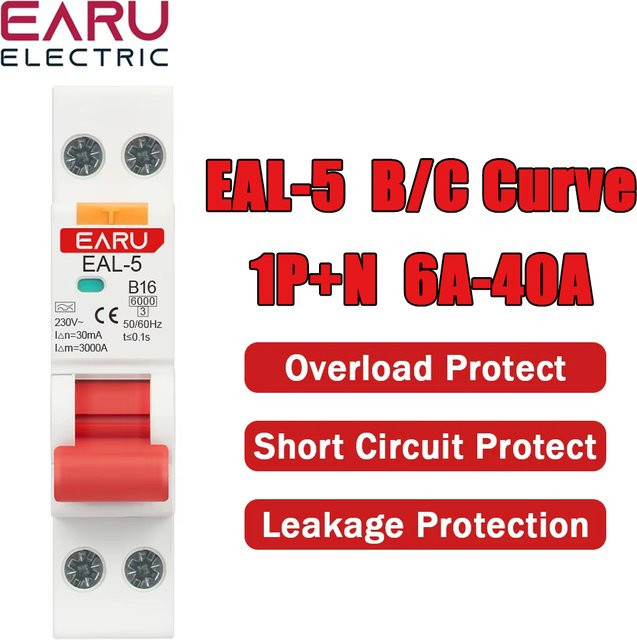 EARU RCBO Fehlerstrom-Schutzschalter Typ A, 40A, 30mA, 1P+N, AC 230V, B/C Kurve, Weiß, 18mm Breite - Bild 1
