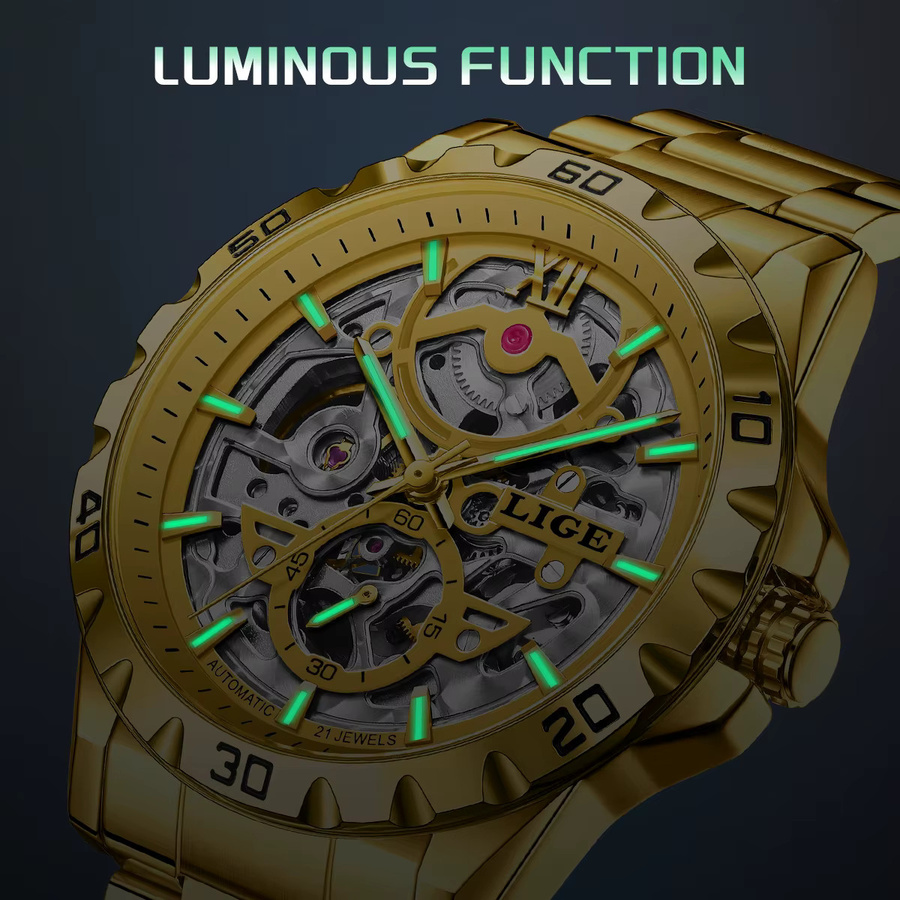 LIGE Armbanduhr Automatik, Edelstahl, Gold, Herren - Bild 3