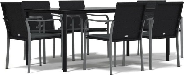 vidaXL 7-teilige Garten-Essgruppe aus Poly Rattan und Stahl mit Kissen und Glastisch in Schwarz und Dunkelgrau - Bild 1