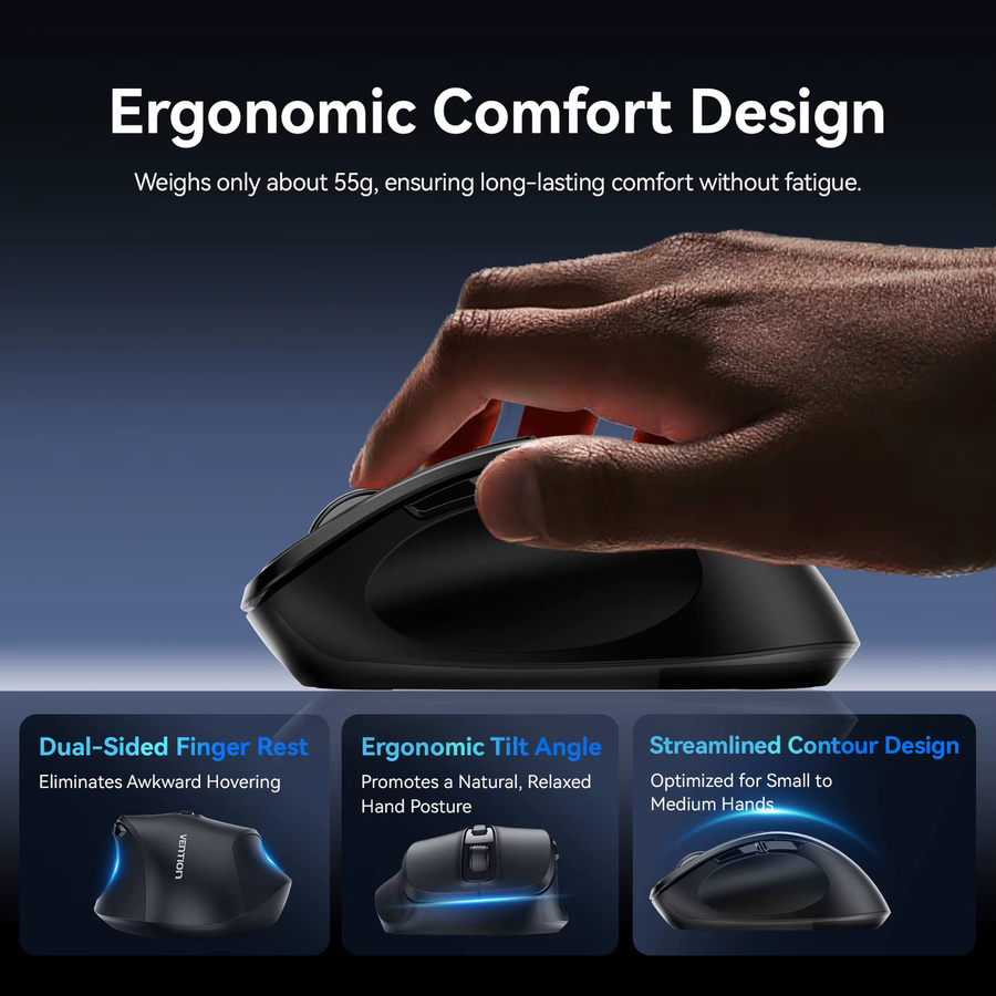 Vention Ergonomische kabellose Maus mit Bluetooth 5.1 und USB 2,4 G Dual-Mode, 4000 DPI, 6 Tasten, Schwarz - Bild 2