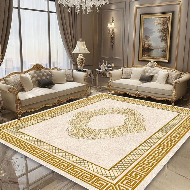 Karpetti Luxusteppich im europäischen Stil mit goldenem Rahmen, beige-gold, rutschfest und waschbar, B/T: 120 x 80 cm - Bild 1