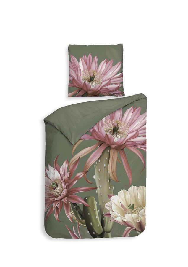 Heckett & Lane Mako-Satin Bettwäsche Mesa Kaktusblüte in Grün und Pink, B/H: 135 x 200 cm mit Kissenbezug 80 x 80 cm - Bild 1