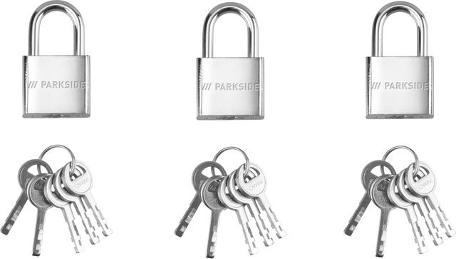 Parkside 3er Set Vorhängeschlösser mit Stahlkabel in Silber - Bild 1