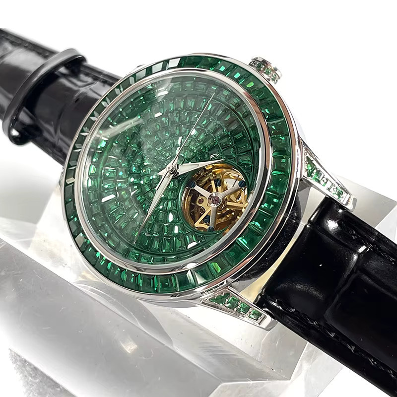 PINDU Armbanduhr, Automatik, Edelstahl, Leder, Diamantbesetzt, Herren, Schwarz - Bild 2