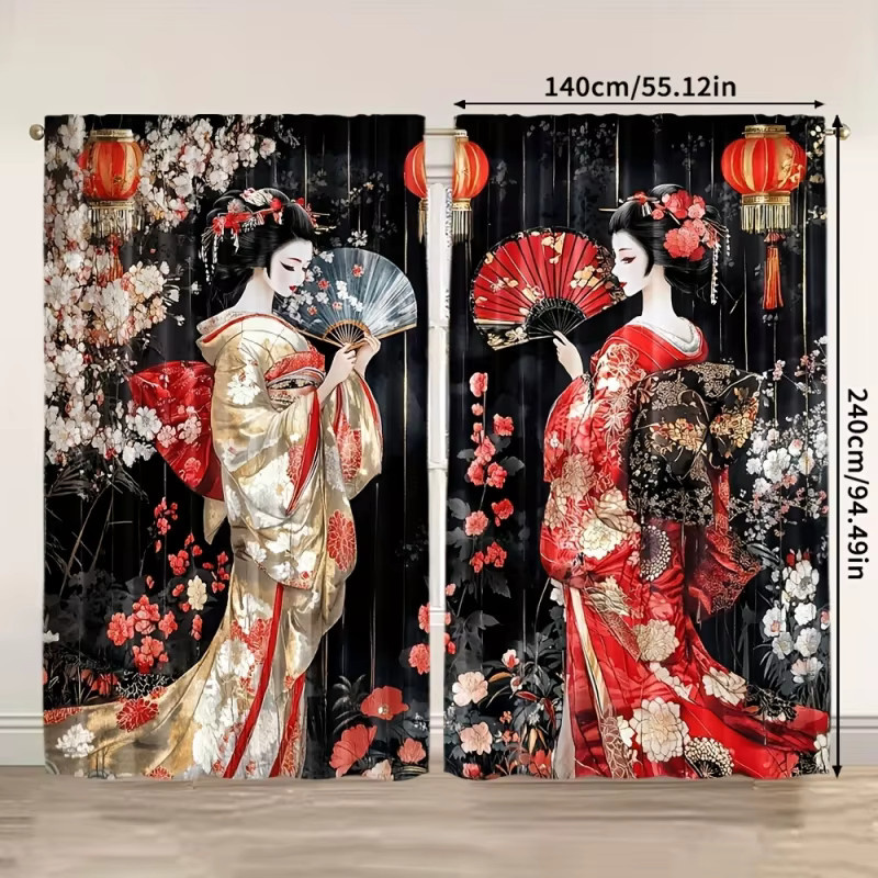 VIKAMA Japanisches Geisha Duschvorhang-Set aus wasserdichtem Stoff mit floralem Design in Mehrfarbig - Bild 3