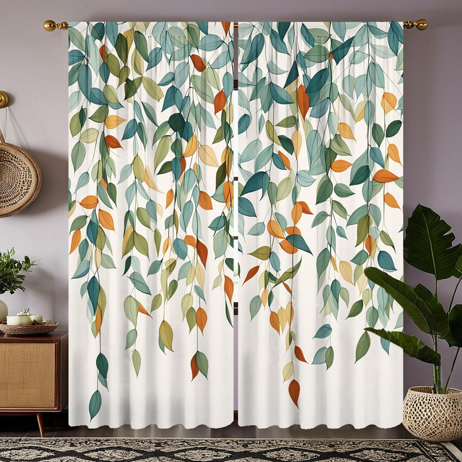 2er-Set Vorhänge mit grünem Blätter-Design von Household supplies MH, halbtransparent, Farbe: Grün, B: 132 cm, H: 160 cm - Bild 2