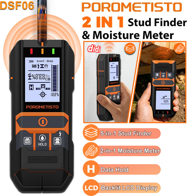 POROMETISTO 2-in-1 Wandscanner und Feuchtigkeitsmesser in Schwarz mit AC-Kabel-, Draht- und Holzdetektor sowie dreifarbiger Anzeige - Bild 1
