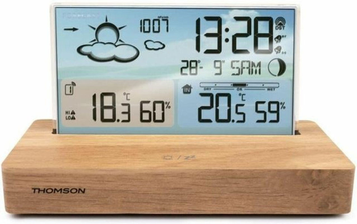 Thomson Digitaler Holz-Wecker mit Wetterstation, Thermometer, Hygrometer und Datumsanzeige, Braun/Mehrfarbig - Bild 1