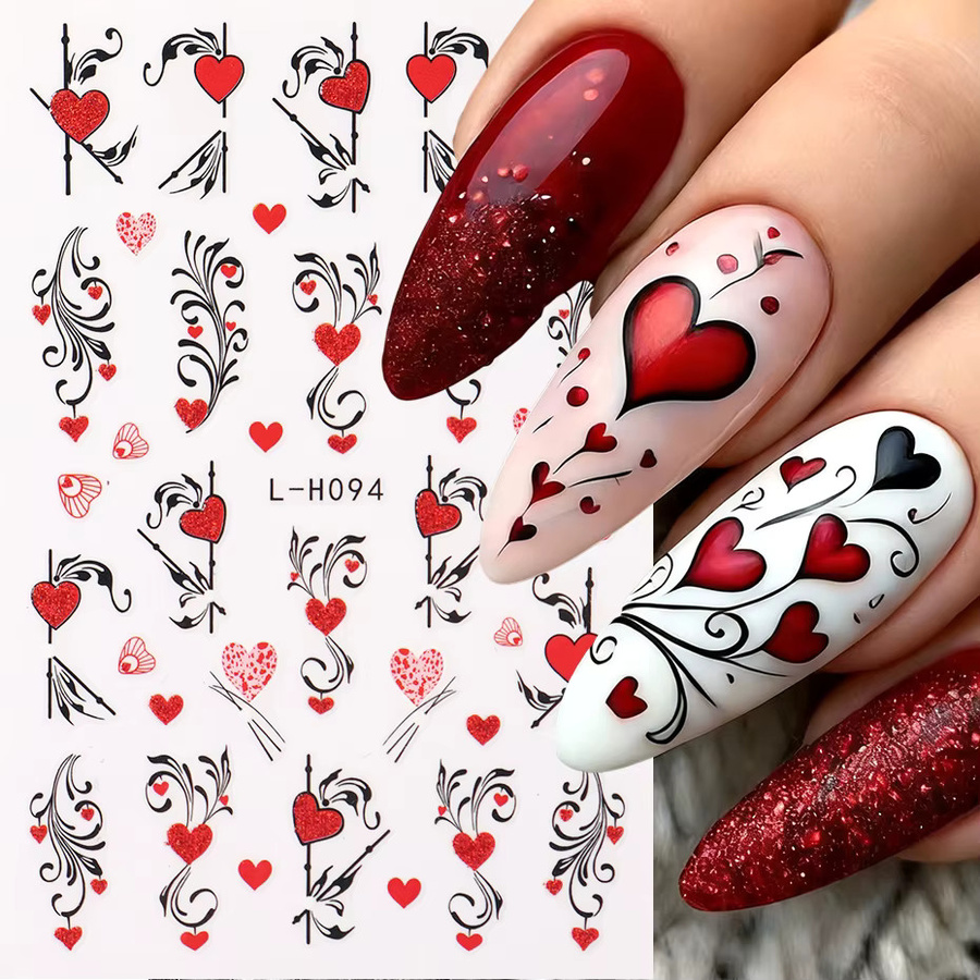 Full Beauty Nagelaufkleber Rote Herz-Blumen-Blatt-Ranken, Glänzend, 2 Stück - Bild 2