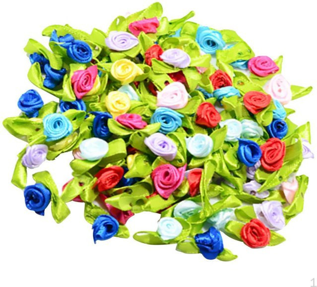 100 Stück Satinband-Blumen mit grünen Blättern in Blau von Leisure Times für Hochzeitsdekoration und Bastelarbeiten - Bild 1