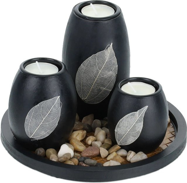 Relaxdays Teelichthalter Set aus MDF in Stein-Optik mit Tablett, Schwarz und Braun, B: 19,5 cm, T: 13,5 cm - Bild 1