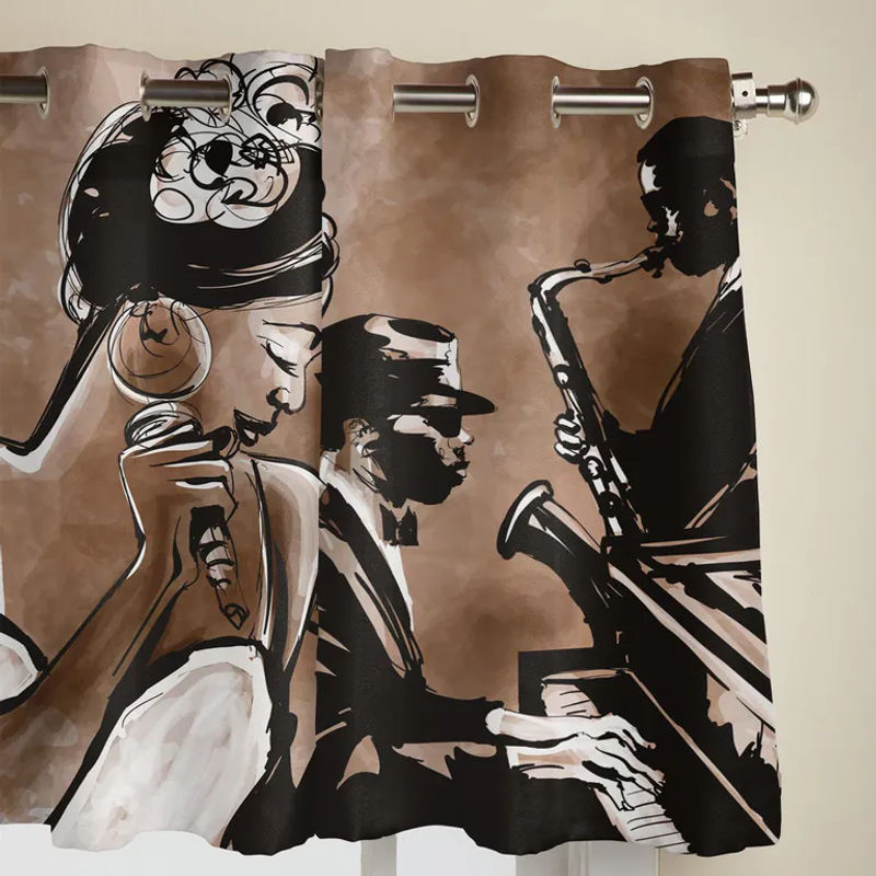 Retro Fenstervorhang mit Sängerin und Klavier Motiv in Grau von Super Six, Breite: 135 cm, Höhe: 60 cm - Bild 3
