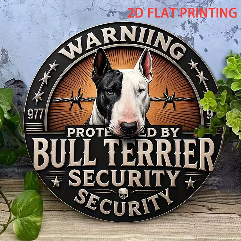 Bullterrier Warnschild Wanddekoration im Vintage-Stil von Potdemiel, rundes Metallschild mit Bullterrier-Porträt und Drahtgeflecht-Hintergrund, mehrfarbig, Durchmesser: 20 cm - Bild 5