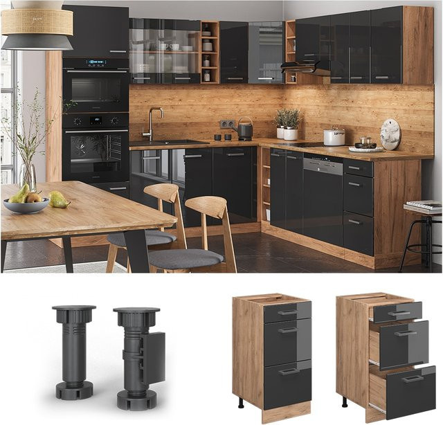 Vicco Küchenunterschrank R-Line Anthrazit Hochglanz und Eiche mit Goldakzenten, Breite: 40 cm - Bild 3