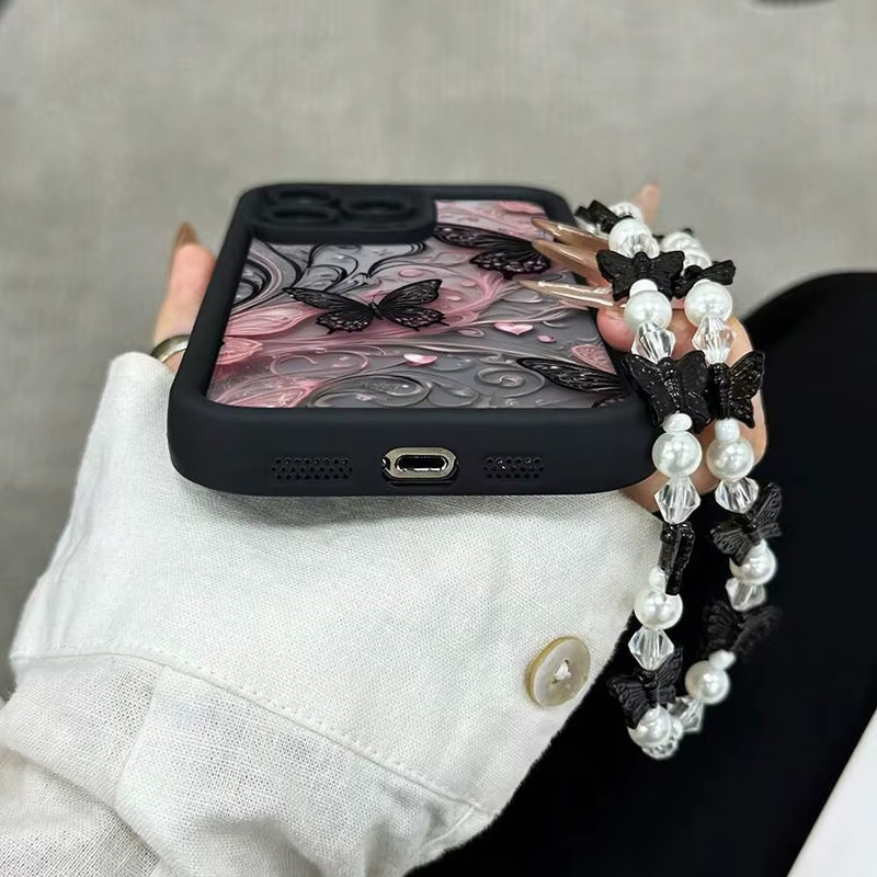 Schwarze Handyhülle mit Schmetterlingsmuster und Schmetterlings-Charm für Apple iPhone Modelle - Bild 3